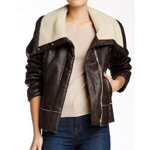 Sam Edelman Faux Sherling Leather Moto Cropped Jacket Cowl Neck Brown Small